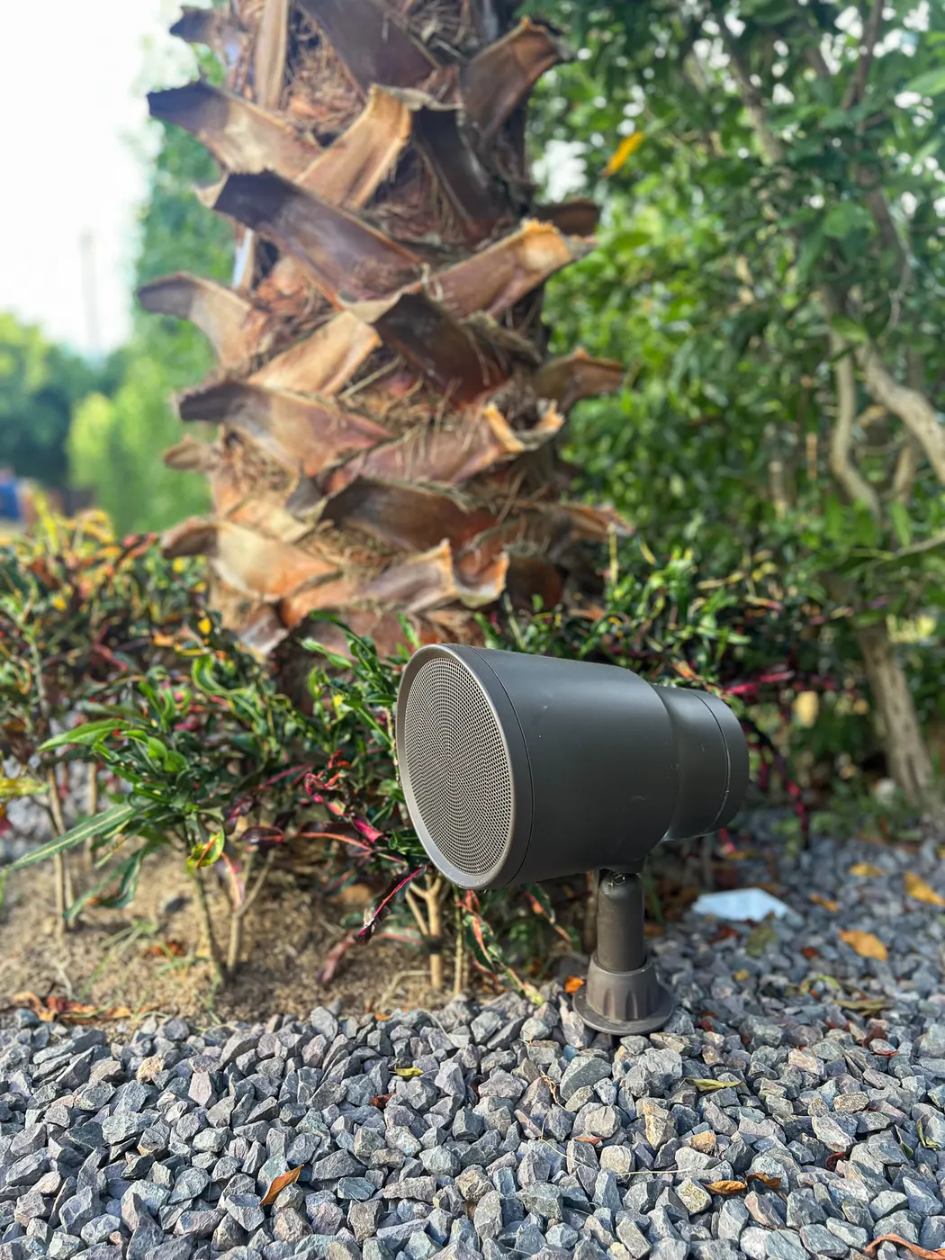 Parlante de jardín instalado entre plantas y piedras en zona exterior